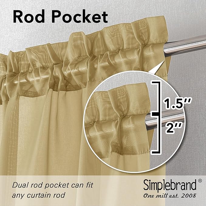 Simplebrand Gold Sheer Curtains 96 Inches Long, Light Filtering Rod Pocket Solid Color Window Sheer Curtain Panels, Elegant Curtains & Drapes for Living Room, Bedroom 2 Panels, 59" W x 96" L