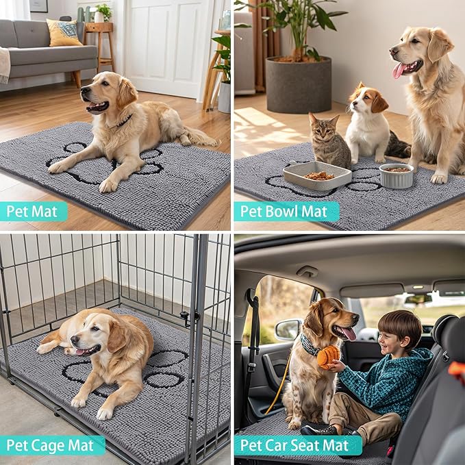 Smiry Dog Door Mat for Muddy Paws, Absorbent Dirt Trapper Non Slip Quick Dry Washable Chenille Mat for Mud Dogs, Entry Rug for Indoor and Outdoor (70x35 Inches, Grey and Black)