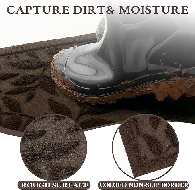 Coffee Brown Leaves Fall Outdoor Indoor Entrance Doormats, Absorbent Durable Heavy Duty Welcome Front Door Mat,Thick Natural Rubber Back,Easy Clean Entryway Mat 17x30 Inch, Low Profile