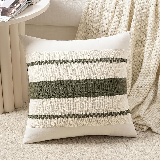 Fancy Homi Set of 1 Boho Olive Green Euro Decorative Throw Pillow Cover 26x26 Inch for Couch Bed Bedroom, Aesthetic Modern Organic Farmhouse Room Decor, Soft Cotton Accent Macrame Woven Cushion Case