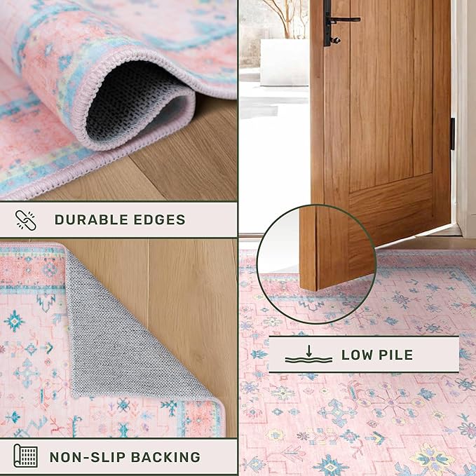 Washable Pink and Blue 7x9 Boho Rugs for Bedroom Girls, Living Room Kids Playroom Nursery Room, Modern Floral Distressed Design, Soft Low Pile Non Slip Stain Resistance Carpet