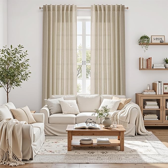 Eggshell Beige Linen Curtains for Living Room 98 Inches Long Light Filtering Semi Sheer Curtain Back Tab Rustic Farmhouse Decor Burlap Luxury Boho Drapes for Bedroom Dinner Room 52x98, 2 Panels