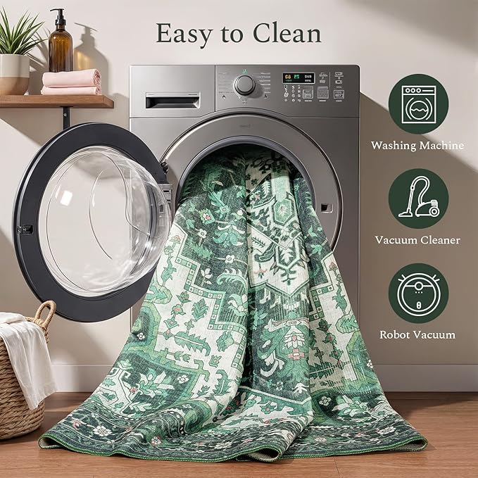Rugflix 8x10 Area Rugs for Living Room, Machine Washable Rug Non Slip Stain Resistance, Large Rug Vintage Distressed Soft Carpet for Bedroom, Dining Room, Home Office, Green