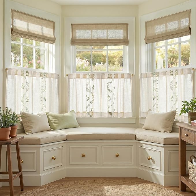 jinchan Belrose Linen Floral Kitchen Curtains 24 inch Length Embroidered Farmhouse Cafe Curtains for Living Room Bathroom Small Windows Curtain Set Sheer Light Filtering 2 Panels Sage Green
