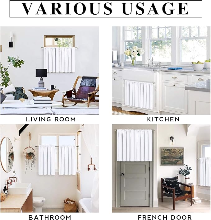 RYB HOME Cafe Curtains 30 inch Length, Short Light UV Heat Blocking Energy Saving Privacy Curtain Tiers for Basement Bathroom Kitchen Window, Width 29 by Length 30, Pure White, 2 Panels