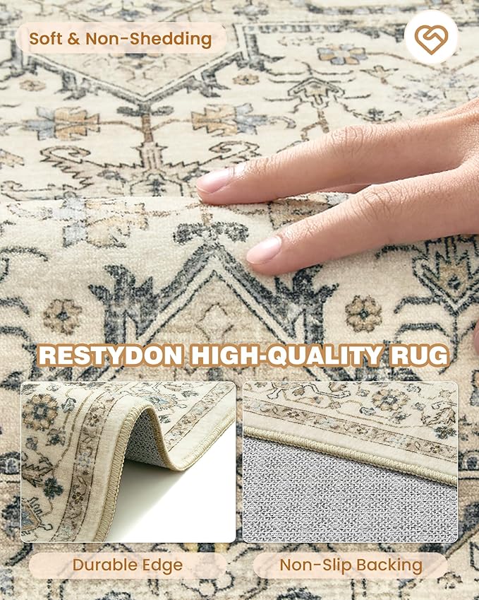 3x5 Area Rugs for Entryway, Kitchen Rugs Non Slip Washable for Dining Room, Vintage Floral Soft Living Room Area Rug, Thin Rug Indoor for Bedroom, Kids Room Decor(Brown,3x5)