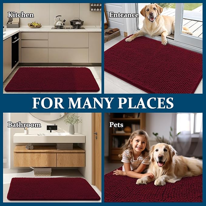 OLANLY Dog Door Mat for Muddy Paws 32x20, Absorbs Moisture and Dirt, Absorbent Non-Slip Washable Doormat, Quick Dry Chenille Mud Mat for Dogs, Entry Indoor Entryway Carpet for Inside Floor, Burgundy