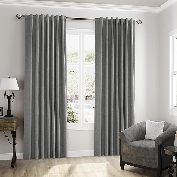 Guken 100% Blackout Linen Curtains 108 Inch Length 2 Panels Set for Living Room Bedroom Back Tab Thermal Insulated Black Out Linen Drapes Room Darkening Window Curtains,Dark Grey