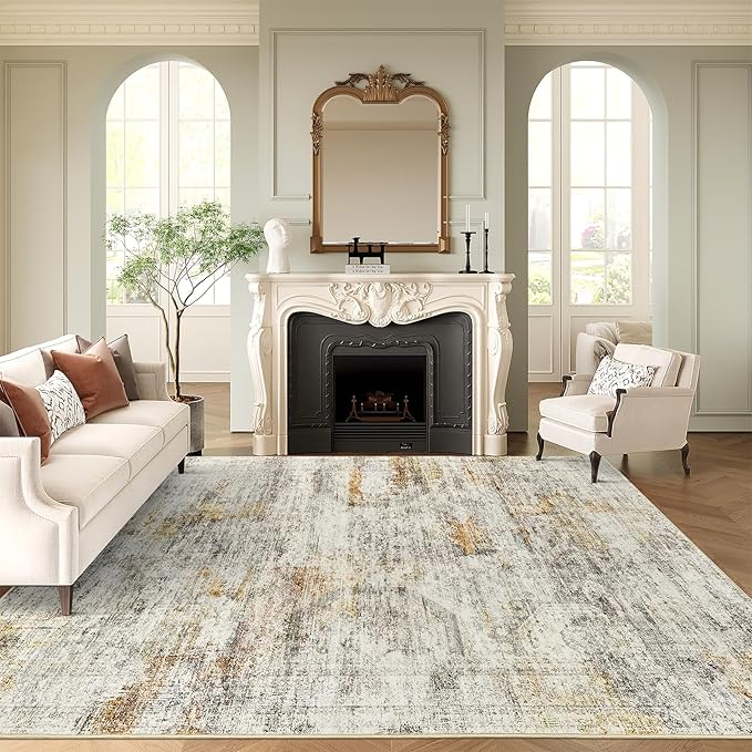 Washable Area Rug 8x10, Large Soft Abstract Rugs for Living Room Vintage 8x10 Area Rugs for Bedroom Dining Room Non-Slip Stain Resistant Under Table Gray Rust Rug