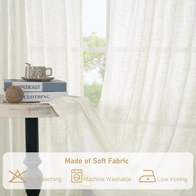 LAMIT 120 inch Semi Sheer Linen Curtains for Living Room, Cream Back Tab and Rod Pocket Curtains Light Filtering Country Rustic Neutral Drapes for Bedroom/Farmhouse, 2 Panels, 52 x 120 Inch