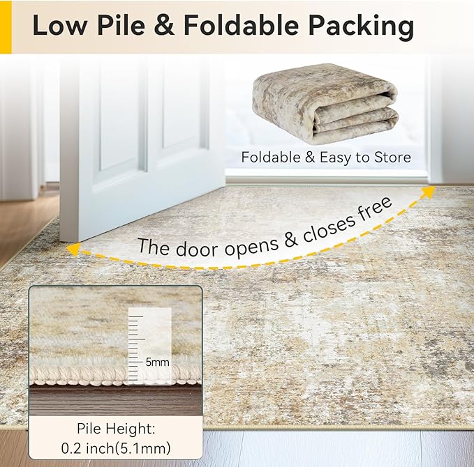 Washable Area Rugs Square 8ft Non-Slip Modern Abstract Soft for Living Room Entryway Bedroom Nursery, Print Pattern, Neutral Brown Gray