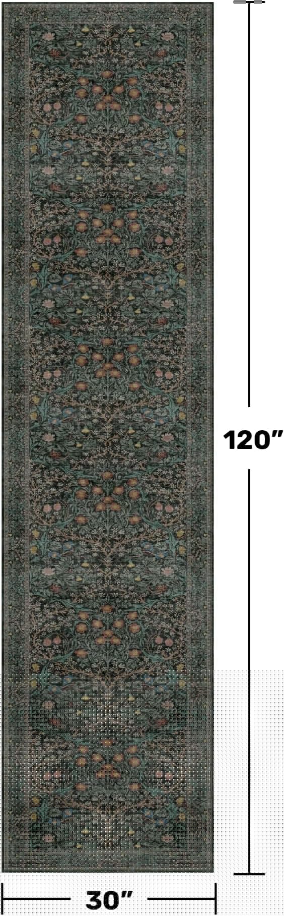 Dark Green 2'6" x 10' Runners for Wide Hallways Non Slip, Extra Long 10ft Floor Runner for Kitchen, Entryway Indoor, Washable Rubber Backing Stain Resistant - Vintage Floral Décor