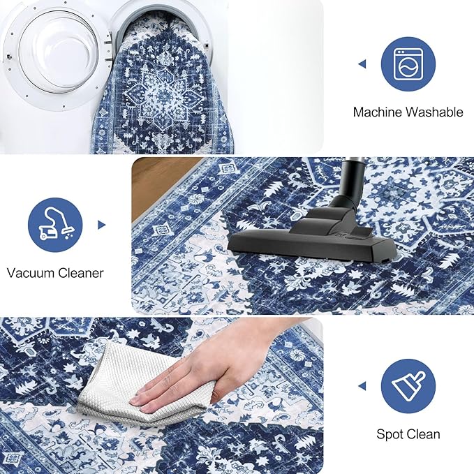 Yamaziot Washable Runner Rug, 2x10 Non-Slip Boho Vintage Hallway Rug Runner with Rubber Backing, Stain Resistant & Low Pile Faux Wool Distressed Carpet Runner for Kitchen, Laundry, Entrance, Blue