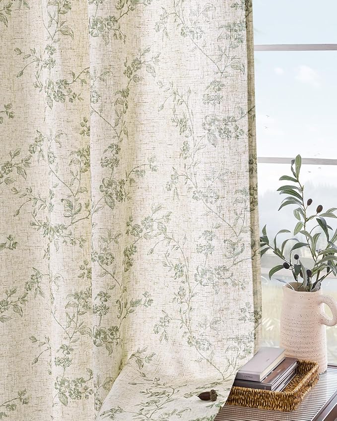 Lazzzy Floral Linen Curtains Farmhouse Extra Long Curtain for Living Room Bedroom Light Filtering Vintage Rod Pocket Back Tab Drapes for Home, 2 Panels, Green on Beige, W38 X L108