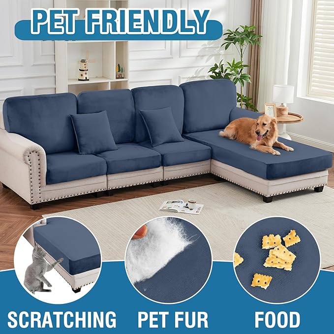 Couch Cover 3-Piece Elastic Velvet Couch Cushion Covers & Chaise Slipcovers for L-Shaped Sofas, Sofa Seat Covers Washable, Soft Cover for Couches (2 Seater + Chaise, Berlin Blue)