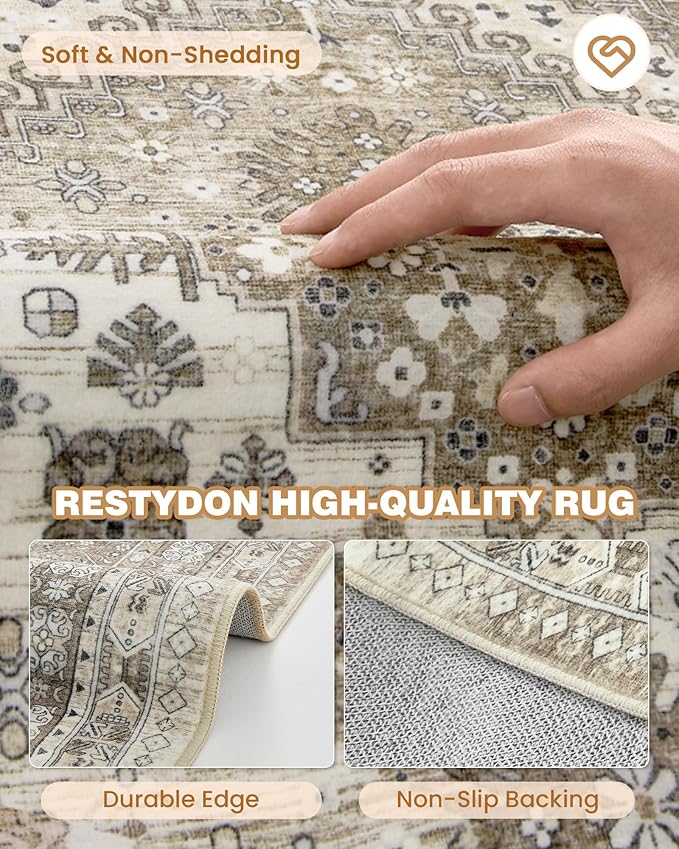 3x5 Washable Area Rug for Entryway, Kitchen Rugs Non Slip for Dining Room, Vintage Floral Soft Living Room Rug, Thin Area Rug Indoor for Bedroom, Kids Room Decor(Brown,3'x5')