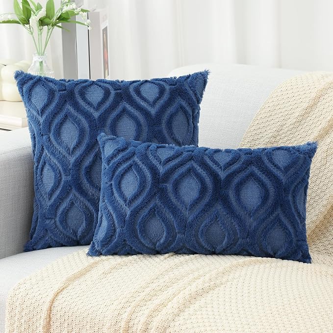 decorUhome Throw Pillow Covers 20x20 Inch Set of 2, Soft Plush Faux Wool Dark Blue Solid Couch Pillow Covers, Accent Farmhouse Neutral Square Pillow Cases for Sofa Bed Living Room