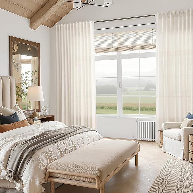 Nanspring Modern Linen Curtains for Living Room 72 Inches Long Light Filtering Semi Sheer Curtain Back Tab Neutral Luxury Modern Farmhouse Decor Linen Blend Drapes for Bedroom 52x72, 2 Panels