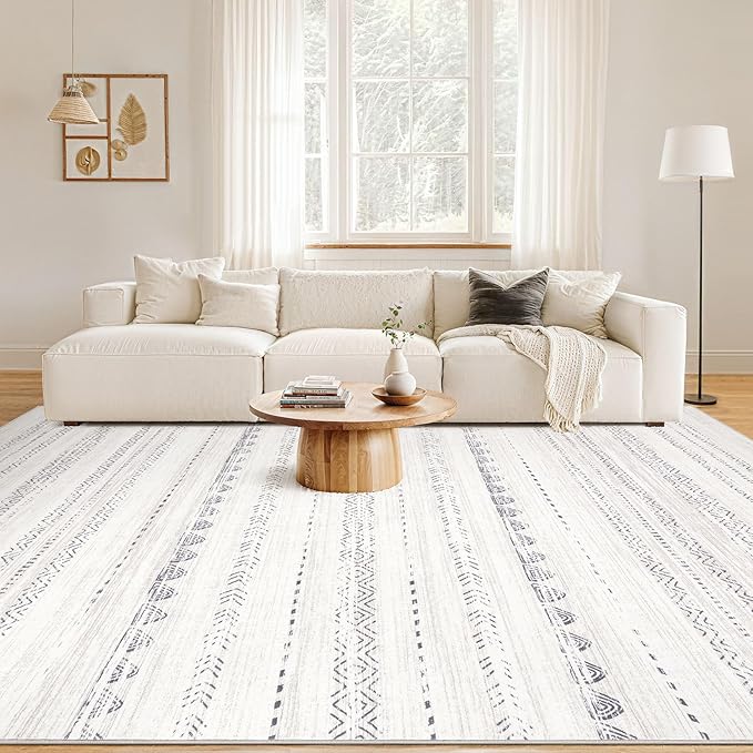 Nakagishi 8x12 Area Rugs Living Room: Washable Boho Large Neutral Soft Farmhouse Rug Stain Resistant Modern Moroccan Non-Slip Indoor Floor Carpet for Bedroom Nursery Kids Playroom Office- Gray