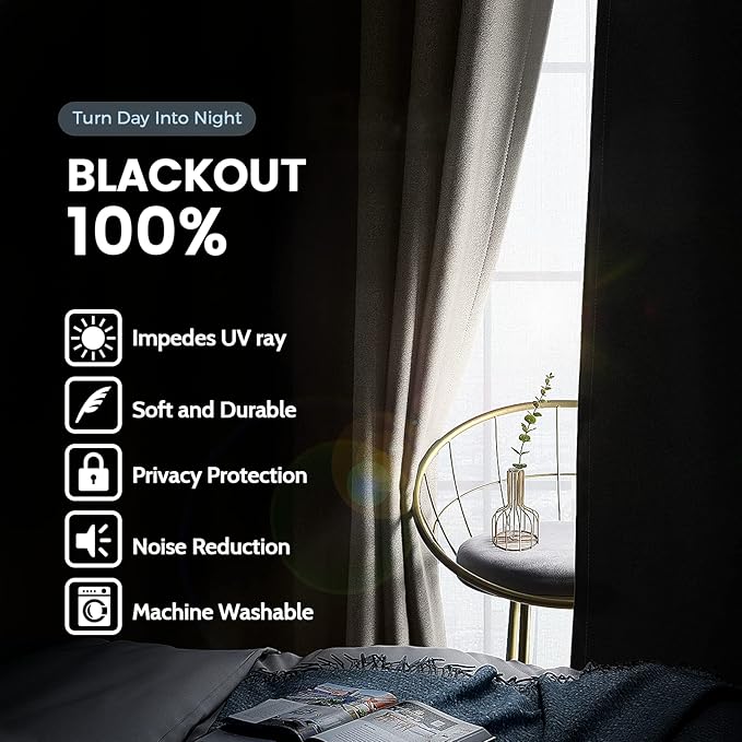 SimpleHome 100% Blackout Curtains for Bedroom,Thermal Insulated Natural Grommet Window Drapes Room Darkening Curtains for Living Room with Black Back,62 x 63 Inch,2 Panels