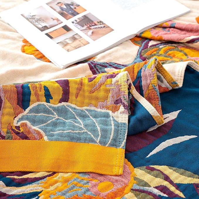 MSGKV Boho Throw Blanket Queen Size 90"x90" Cotton Blanket for Bed Spring Breathable Throw Blanket for Living Room Home Decorative