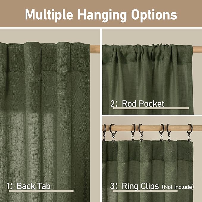 LAMIT Light Filtering Linen Curtains 80 inch for Living Room, Linen Textured Semi Sheer Back Tab and Rod Pocket Boho Modern Christmas Decor Drapes for Bedroom, Olive Green, 2 Panels, 52 x 80 Inch