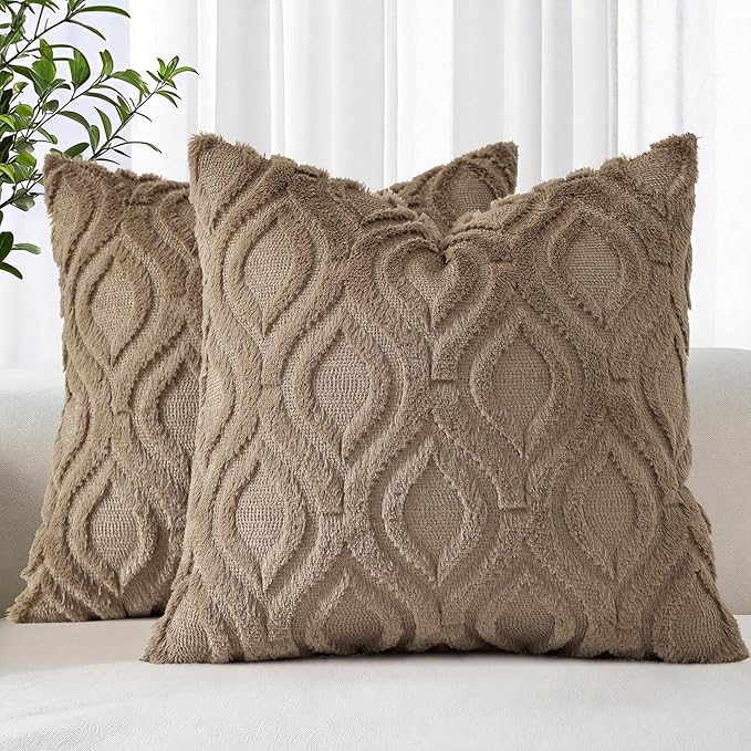 decorUhome Throw Pillow Covers 24x24 Inch Set of 2, Soft Plush Faux Wool Light Brown Solid Couch Pillow Covers, Accent Euro Sham Farmhouse Neutral Square Pillow Cases for Sofa Bed Living Room