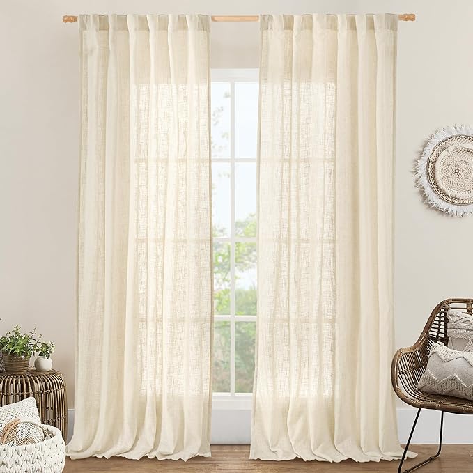 LAMIT Natural Linen Curtains 120 Inch for Living Room, Back Tab and Rod Pocket Linen Textured Sheer Curtains Light Filtering Drapes for Farmhouse/Bedroom, 2 Panels, 52 x 120 Inch, Beige