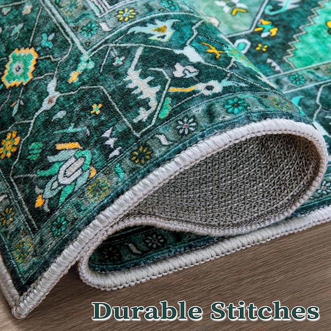 SERISSA Washable Rugs 6x9 Area Rugs, Large Non-Slip Boho Living Room Teal Rug, Ultra Soft Vintage Print Distressed Oriental Tribal Farmhouse Carpet for Dining Room Bedroom Dorm Office Home Decor