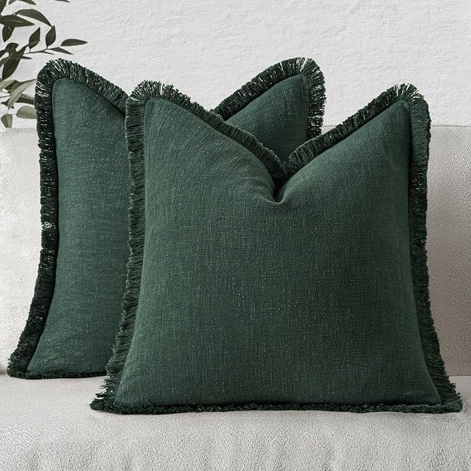 MIULEE Decorative Throw Pillow Covers Neutral Linen Fringe Throw Pillows Set of 2 Army Green Boho Farmhouse Cushion Covers with Tassels for Couch Sofa Bed Living Room Home Decor 18x18 Inch