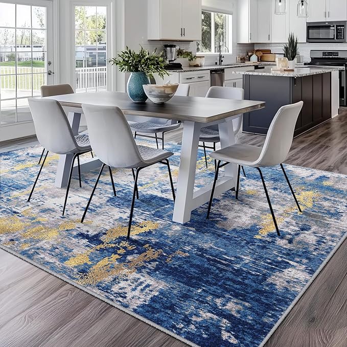 Washable Area Rugs Square 9ft Non-Slip Modern Abstract Soft for Living Room Entryway Bedroom Nursery, Print Pattern, Grey Blue Gold/Golden