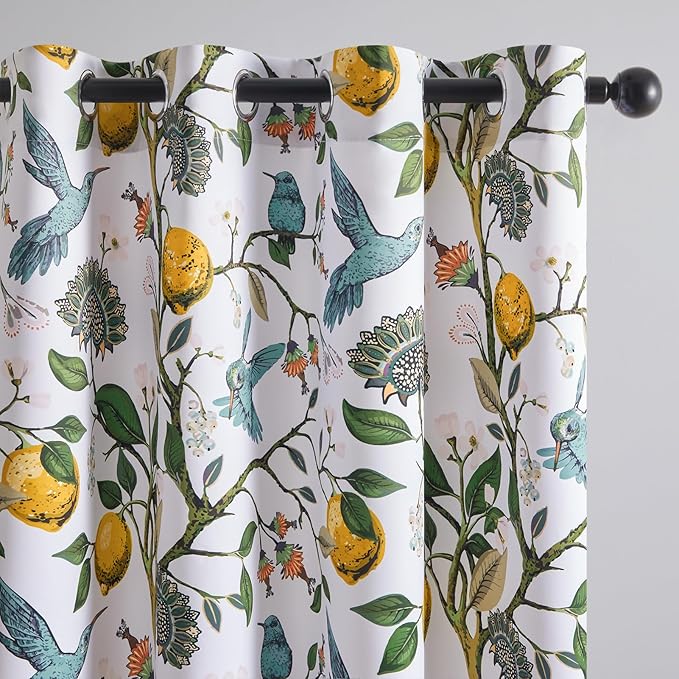 Topfinel 102 Inches Long White Luxury Curtains for Living Room Bedroom, Blackout Vintage Art Deco Victorian Curtains Floral Lemon Hummingbird Printed Grommet Drape 102 Inch Length