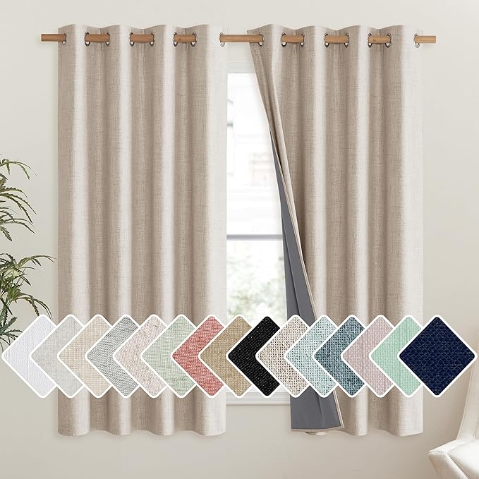 NICETOWN Cream 100% Blackout Linen Curtains 45 inch Long Burg for Living Room, 1 Pair, 52" Width Each Panel, Farmhouse Thick Completely Blackout Window Treatment Thermal Insulated Drapes