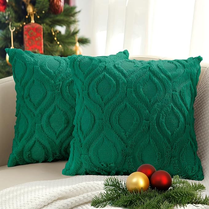 decorUhome Throw Pillow Covers 18x18 Inch Set of 2, Soft Plush Faux Wool Green Solid Couch Pillow Covers, Accent Farmhouse Neutral Square Pillow Cases for Sofa Bed Living Room