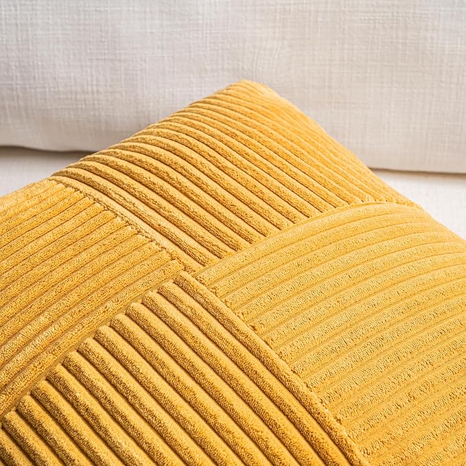 Fancy Homi 2 Packs Gold Yellow Decorative Throw Pillow Covers 22x22 Inch for Living Room Couch Bed Sofa, Farmhouse Boho Home Decor, Soft Corss Corduroy Patchwork Accent Square Cushion Case 55x55 cm
