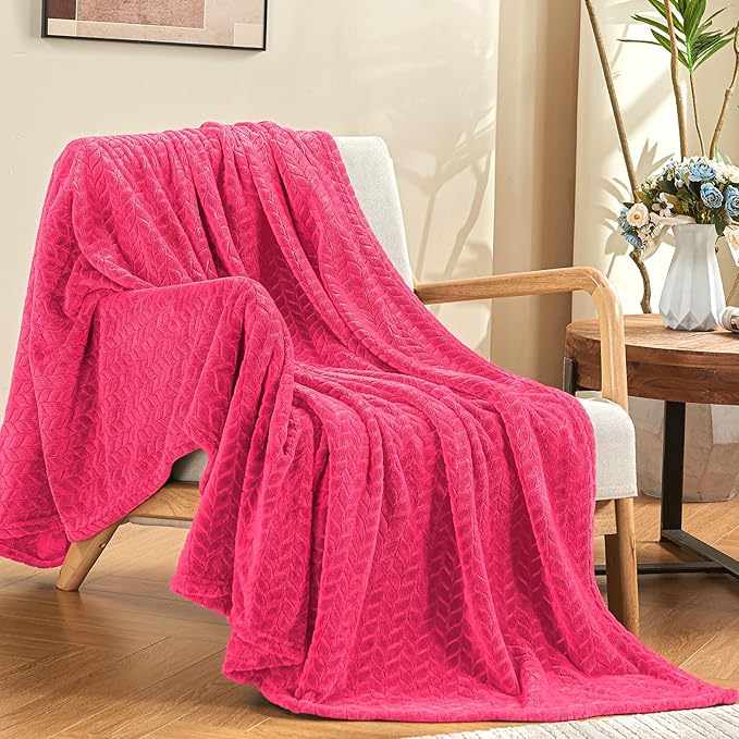 inhand Hot Pink Fleece Twin Blanket, Lightweight Leaves Pattern Fuzzy Blanket for Couch Sofa, All Season Use, 60 x 90 Inches