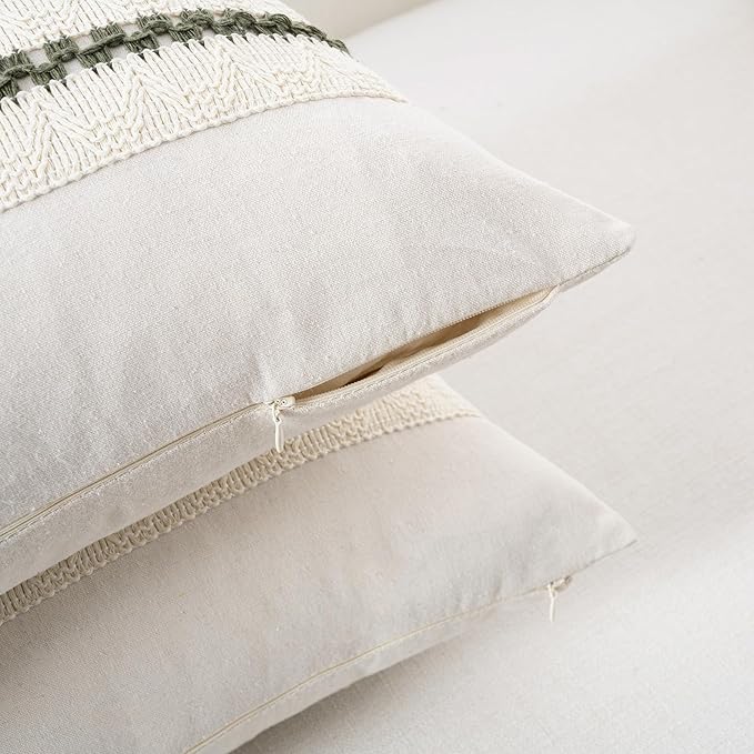 Fancy Homi Set of 1 Boho Olive Green Long Lumbar Decorative Throw Pillow Cover 14x24 Inch for Couch Bed Sofa Chair, Modern Organic Farmhouse Home Decor, Soft Cotton Cute Accent Rectangle Cushion Case