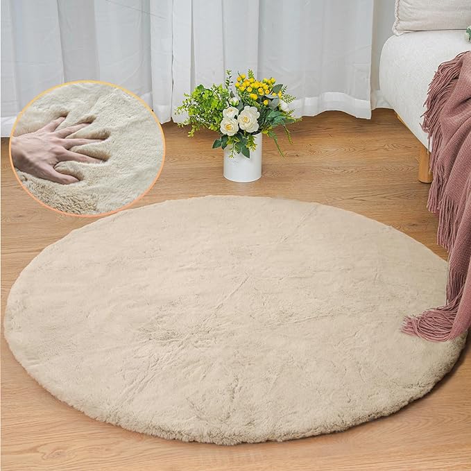 ORINOVA Camel Washable Shag Area Rugs for Living Room Small Plush Faux Bunny Shaggy Fur Round Rugs 4ft Cute Room Nursery Rug