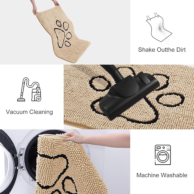 Smiry Dog Door Mat for Muddy Paws, Absorbent Dirt Trapper Non Slip Quick Dry Washable Chenille Mat for Mud Dogs, Entry Rug for Indoor and Outdoor (36x24 Inches, Beige and Black