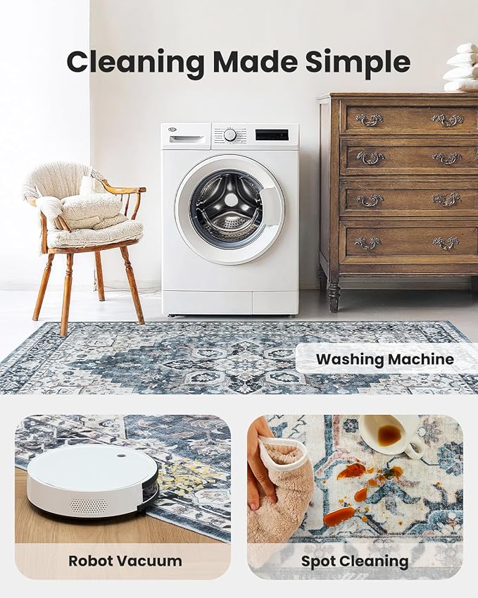 AMADA HOMEFURNISHING 4x6 Washable Area Rug, Low-Profile Entryway Rug with Non-Slip Backing & Durable Edge Binding, Vintage Rugs for Bedroom, Entryway & Kitchen
