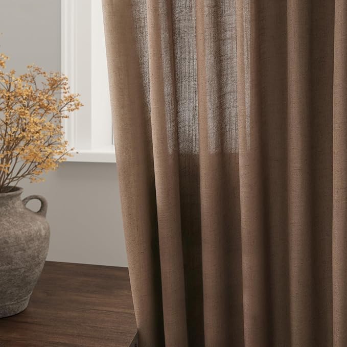 Nanspring Caramel Brown Linen Semi Sheer Curtains 72 Inches Long 2 Panels Set for Bedroom Back Tab Rod Pocket Light Filtering Privacy Drapes Cotton Textured Farmhouse Living Room Curtain 52X72
