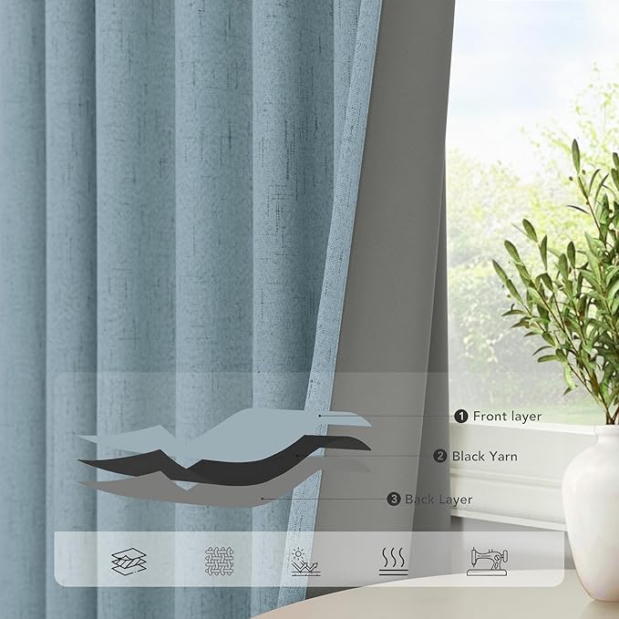 Dusty Blue Blackout Curtains for Nursery 54 Inch Length 2 Panel Chic Linen Look Short Thick Privacy Lightweight Grey Blue Light Blocking Room Darkening Curtain for Kids Bedroom Back Tab Pocket 54 Long