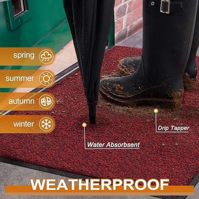 Mibao Front Door Mat, Dirt Trapper Welcome Mat for Outdoor Indoor, Non-Slip Waterproof Doormat, Durable Machine Washable Low Profile Entry Rug for Back Door Outside Patio Porch, 48" x 24", Red