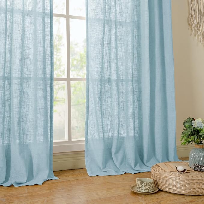 LAMIT Short Linen Curtains 30 Inch Length for Cafe, Semi Sheer Light Filtering Panels Back Tab and Rod Pocket Room Decor Drapes for Basement/Small Window, Stone Blue, 2 Panels, 34 x 30 Inch