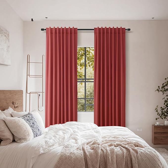 Guken Red 100% Blackout Linen Curtains 108 Inch Length 2 Panels Set for Living Room Bedroom Back Tab Thermal Insulated Black Out Drapes Room Darkening Farmhouse Window Curtains,52x108