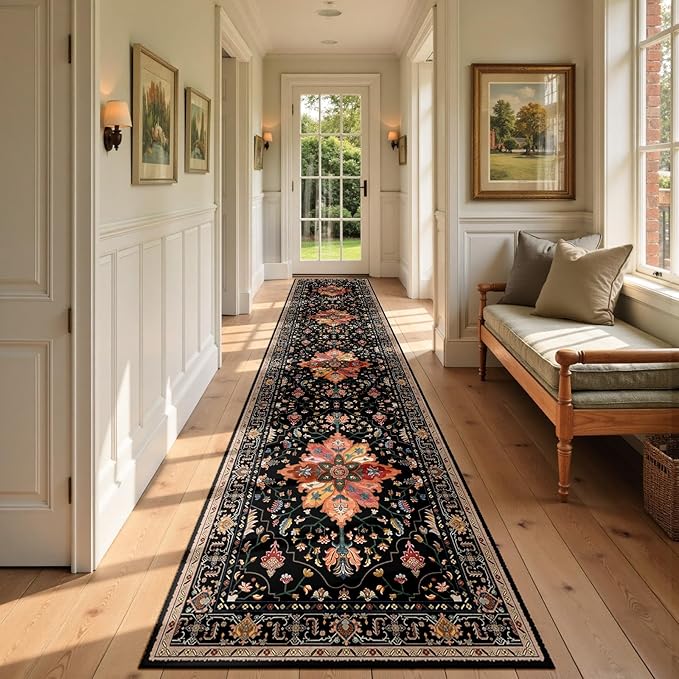 Area Rugs 2'6''x12' Runner Rug Non Slip Washable for Kitchen Hallway Bedroom Beside Laundry Room Bathroom Rug, Floor Carpet, Black Colorful Floral Dark Tan