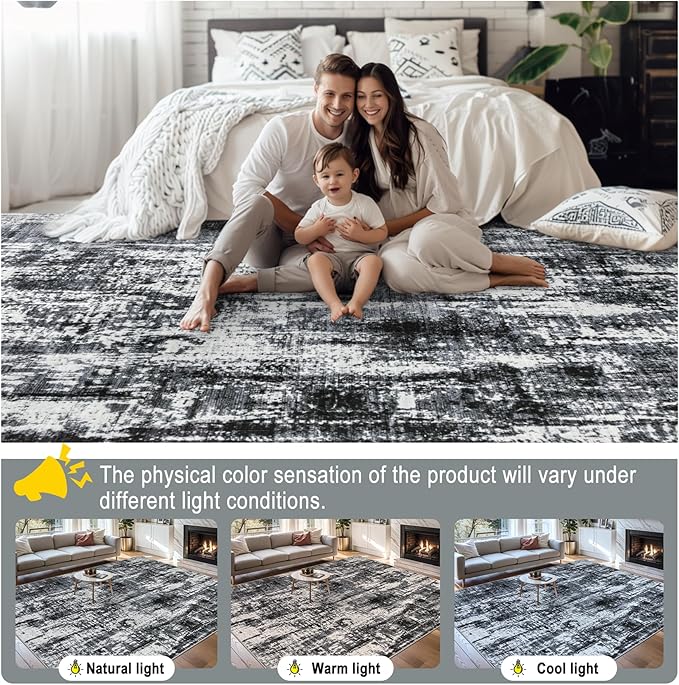 Area Rugs 10x12 Living Room - Washable Rug Modern Abstract Soft Large Neutral Non-Slip Carpet Indoor Floor Thin Carpets for Bedroom Dining Room Farmhouse Nursery Home Office Black