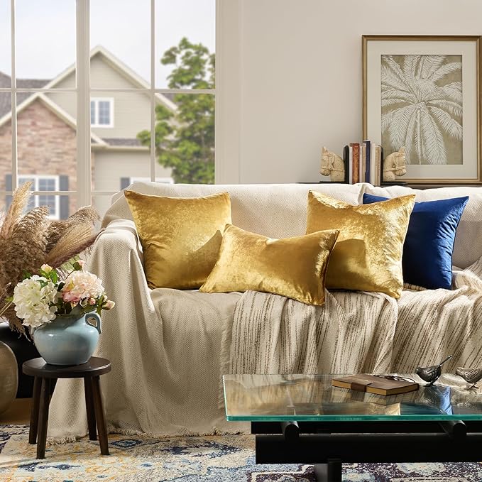 GIGIZAZA Gold Velvet Decorative Throw Pillow Covers 24x24 for Sofa Bed 2 Pack Soft Cushion Cover