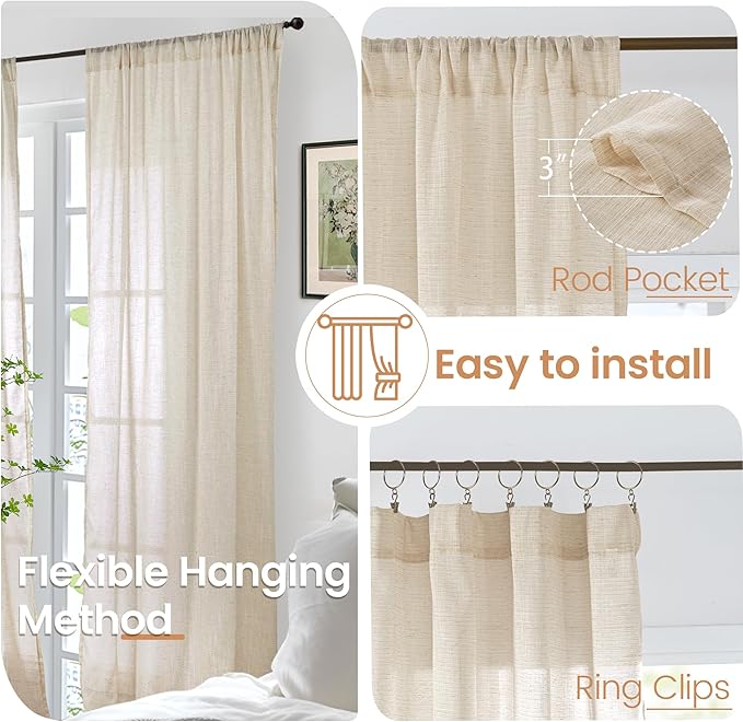 BGment 108 Inch Length Linen Curtains for Living Room Windows, Semi Sheer Natural Textured Drapes for Bedroom Dining Farmhouse Decorative Rustic Rod Pocket Lightweight, 2 Panels, Each 52 Inch Wide