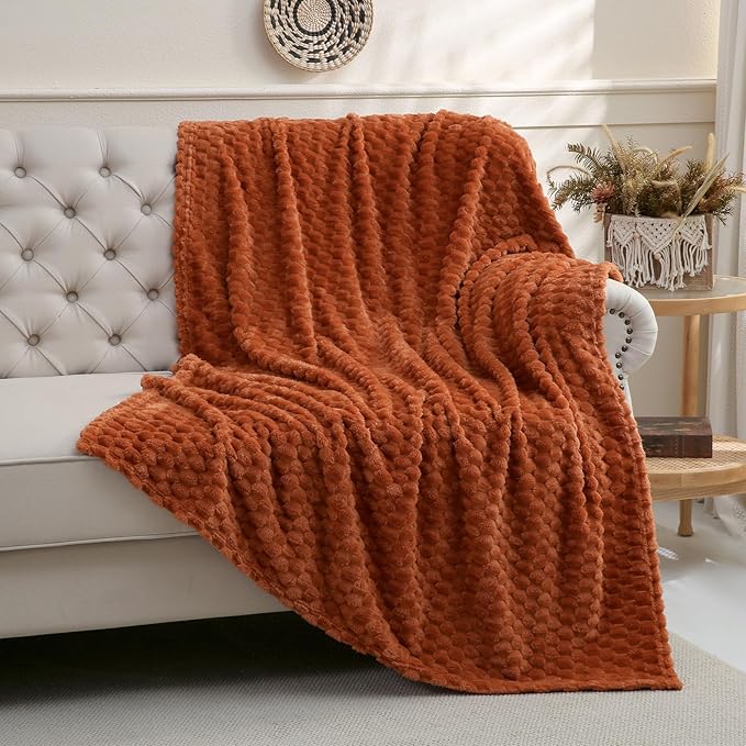 Burnt Orange Throw Blanket 50"×70" inches Gifts for Mom Fuzzy 3D Jacquard Decorative Flannel Fleece Super Soft Plush Cozy Blanket for Couch Sofa Chair Lightweight